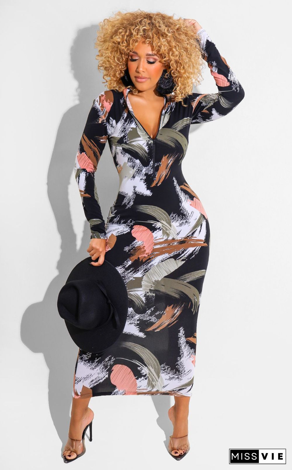 Graffiti Printing Zipper Long Sleeve Bodycon Dress