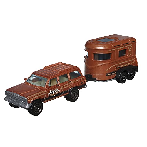 Matchbox Hitch & Haul Die-cast Vehicle Playset - Cowboy Rodeo Round-Up ~ 6 Piece Set ~ SUV Inspired by 1988 Wagoneer ~ Includes Horse Trailer, Cowboy on Horse, Cowboy Standing and Two Cacti