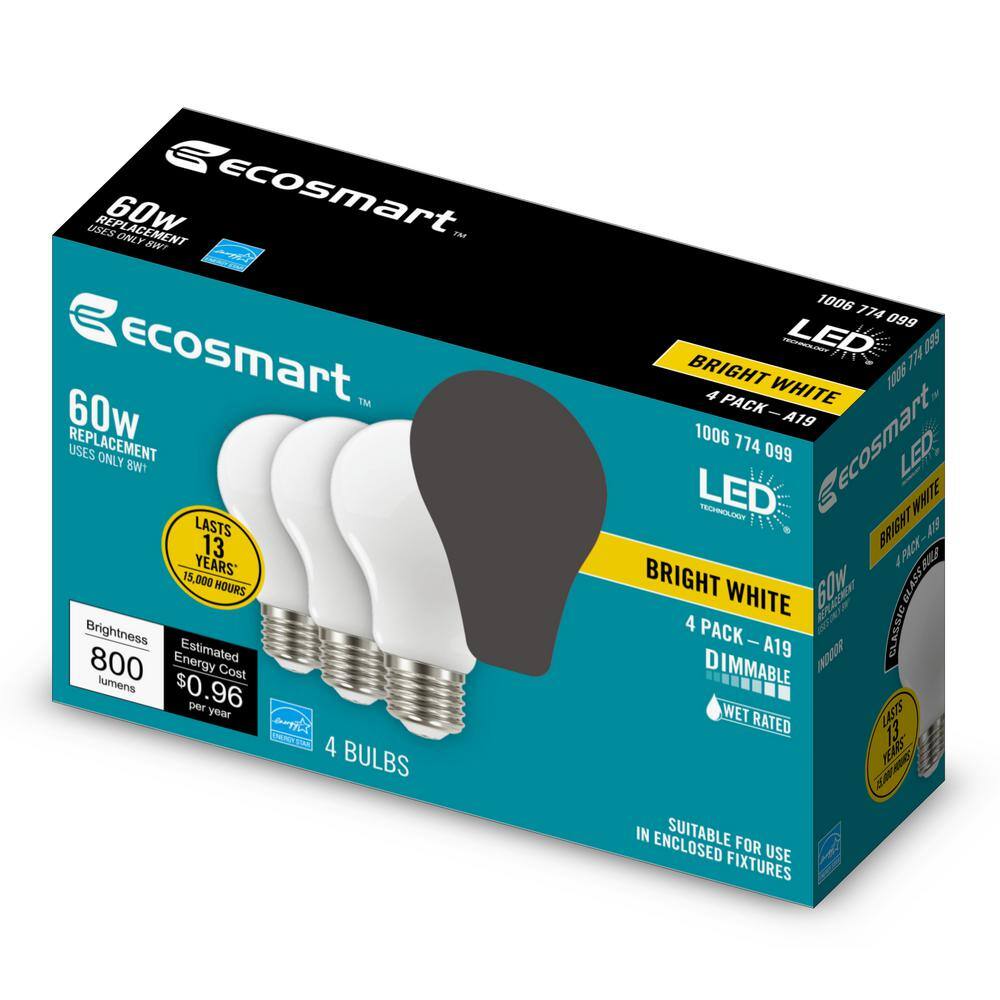 EcoSmart 60-Watt Equivalent A19 Dimmable Frosted Glass Filament LED Light Bulb Bright White (4-Pack) 11FFA1960WESD02