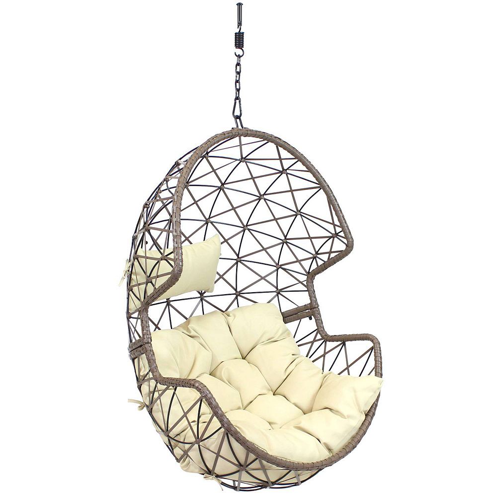 Sunnydaze Beige Resin Wicker Basket Hanging Egg Chair with Cushions - Beige