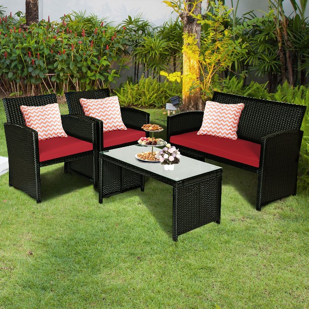 Tangkula 4 Piece Outdoor Patio Rattan Furniture Set Red Cushioned Seat For Garden Porch Lawn