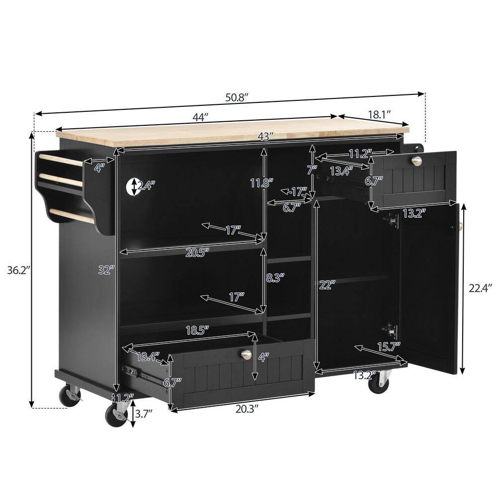 Black 50.8 in. W x 18.1 in. D x 36.2 in. H Kitchen Island Cart with Storage Cabinet and 2-Locking Wheels Kislandblac707