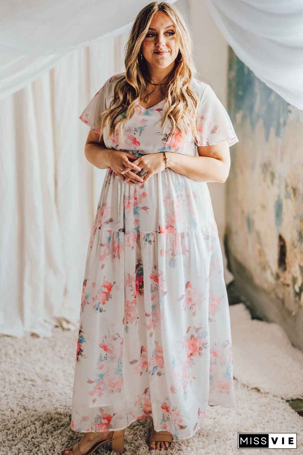 White Floral Print Lace-up High Waist Plus Size Maxi Dress