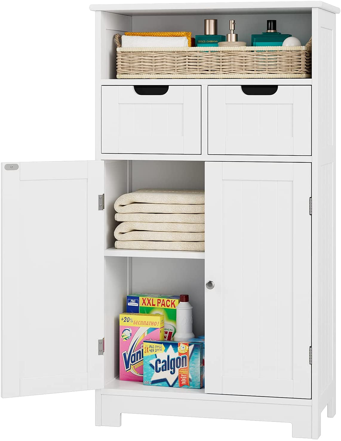 Homfa Bathroom Floor Storage Cabinet, Wood Linen Cabinet with Doors and Drawers and Adjustable Shelf, Kitchen Cupboard, Free Standing Organizer for Living Room Entryway Home Office, White