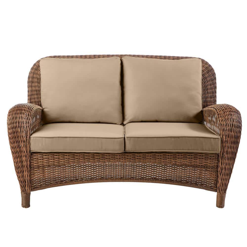 Hampton Bay Beacon Park Brown Wicker Outdoor Patio Loveseat with Toffee Tan Cushions