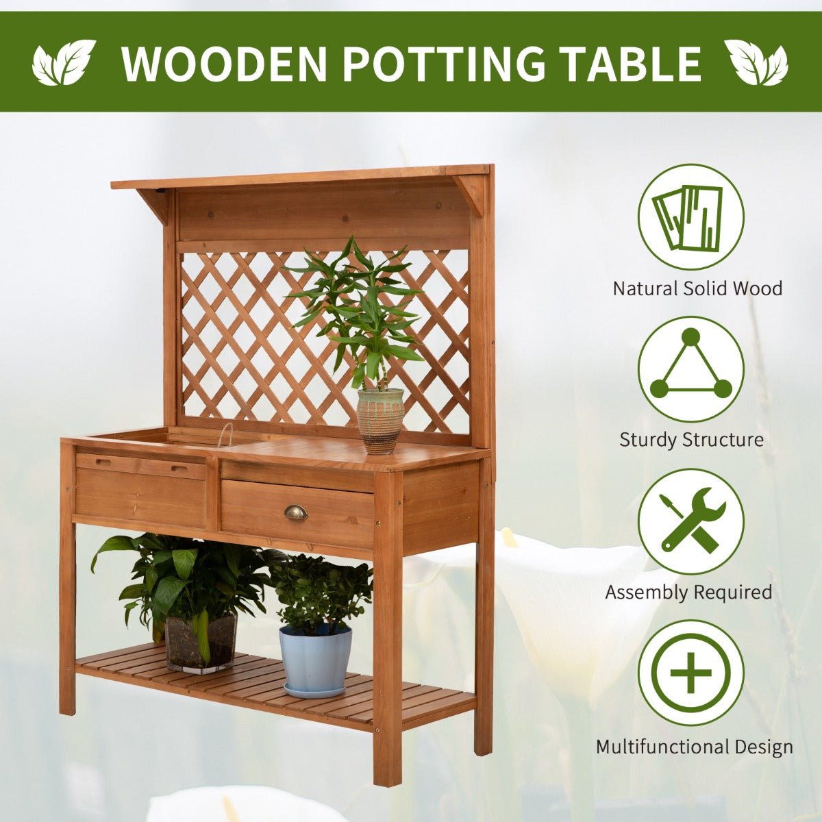 Dcenta 48'' Garden Wooden Potting Bench Table w/ Metal Screen, Draining Area, Side Hooks, Drawer, Open Upper/Lower Shelf