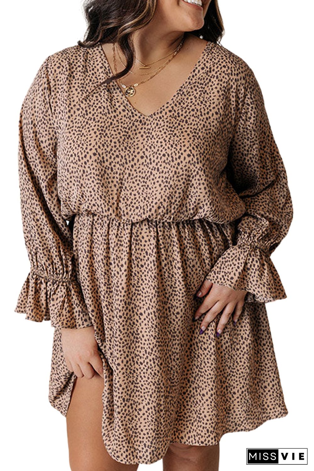 Khaki Plus Size Ruffled Long Sleeve Animal Spotted Print Dress