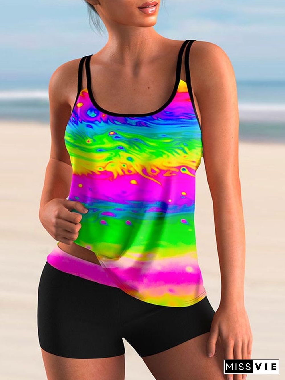 Plus Size Swimwear Sleeveless Colorblock Graphic Printed Tankini