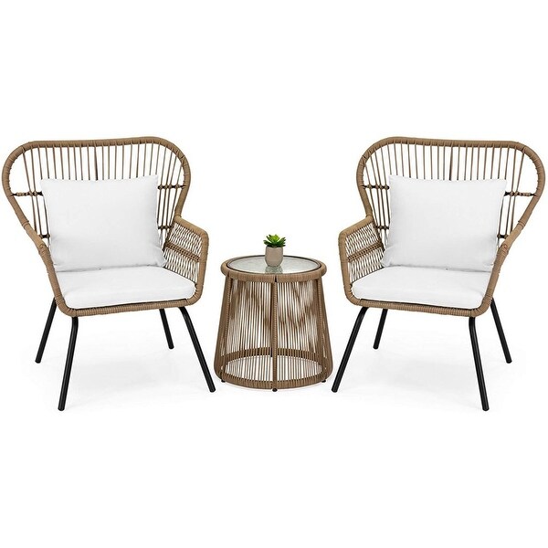 3-Piece Patio Wicker Conversation Bistro Set w/ 2-Chairs， Glass Top Side Table， Cushions - Overstock - 37969144