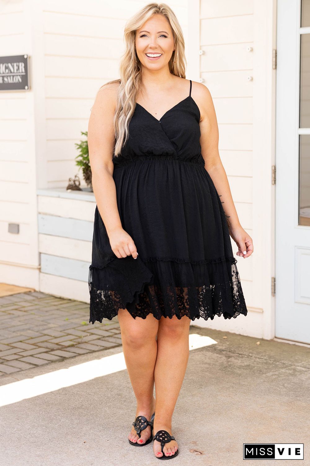 Black Lace Ruffle Hem Plus Size Flared Sundress