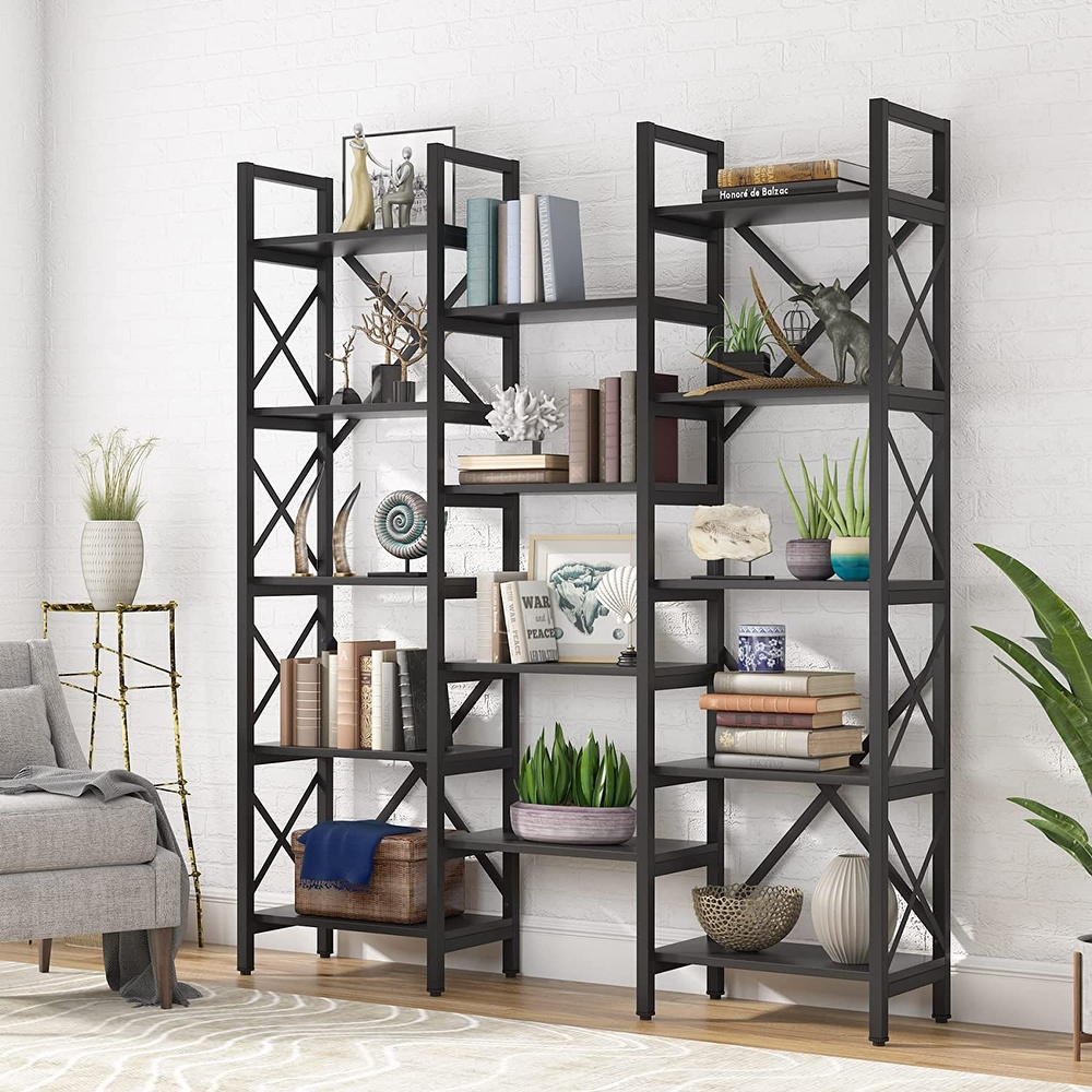 Triple Wide 5 Shelf Bookcase  Etagere Large Open Bookshelf Vintage Industrial Style Shelves Wood and Metal bookcases