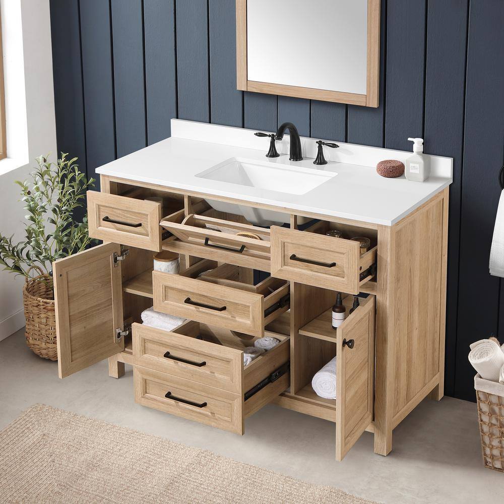 Home Decorators Collection Hanna 48 in. W x 19 in. D x 34.50 in. H Freestanding Bath Vanity in Weathered Tan with White Engineered Stone Top Hanna 48WT