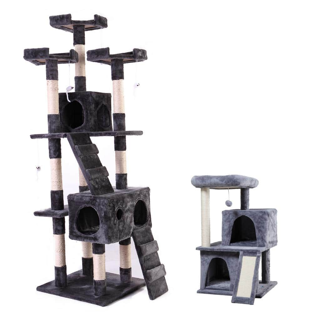 COZIWOW 67 in. and 34 in. H Multi-Level Cat Tree with Kitten Activity Center Plush Perch CW12W5225MS