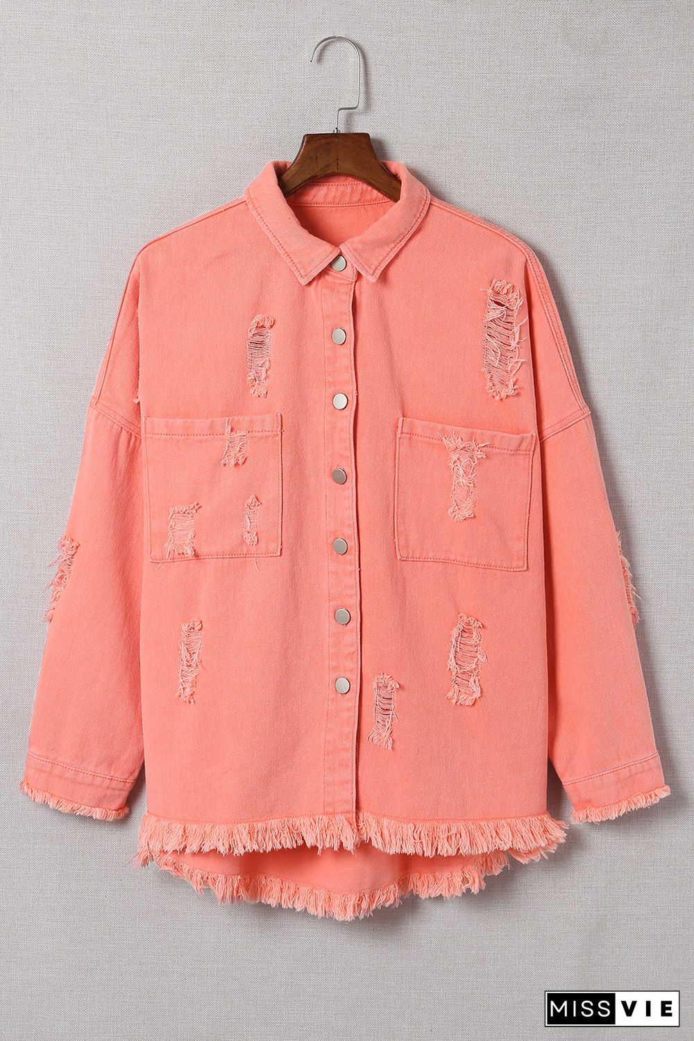 Orange Distressed Fringe Trim Denim Jacket