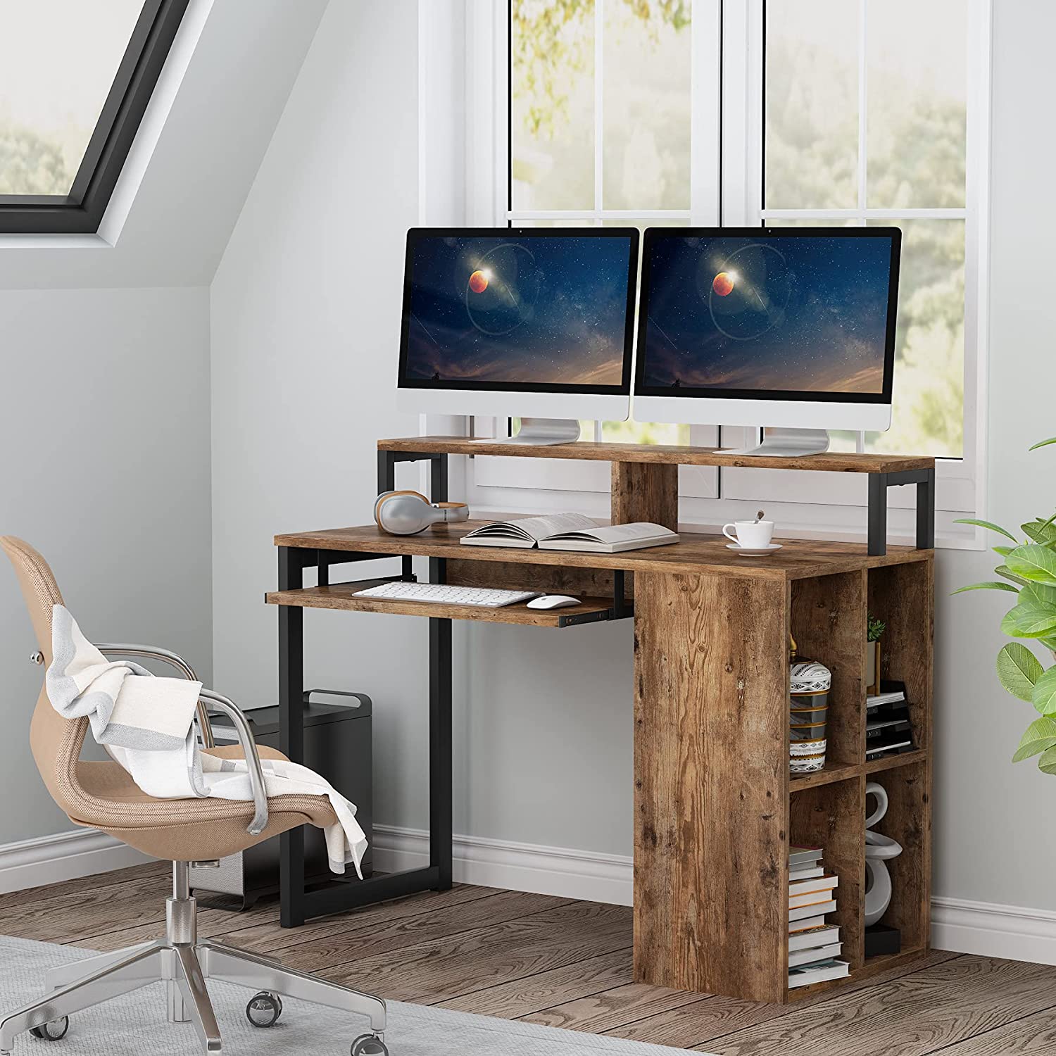 Industrial Computer Desk with 4-Cube Shelves & Push-Pull Keyboard Tray