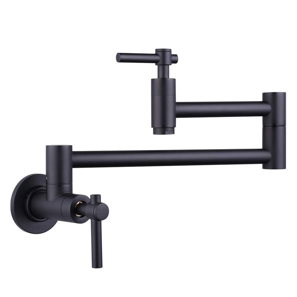 WOWOW Wall Mounted Pot Filler with Double Handles in Matte Black VG2313001B-BHHD