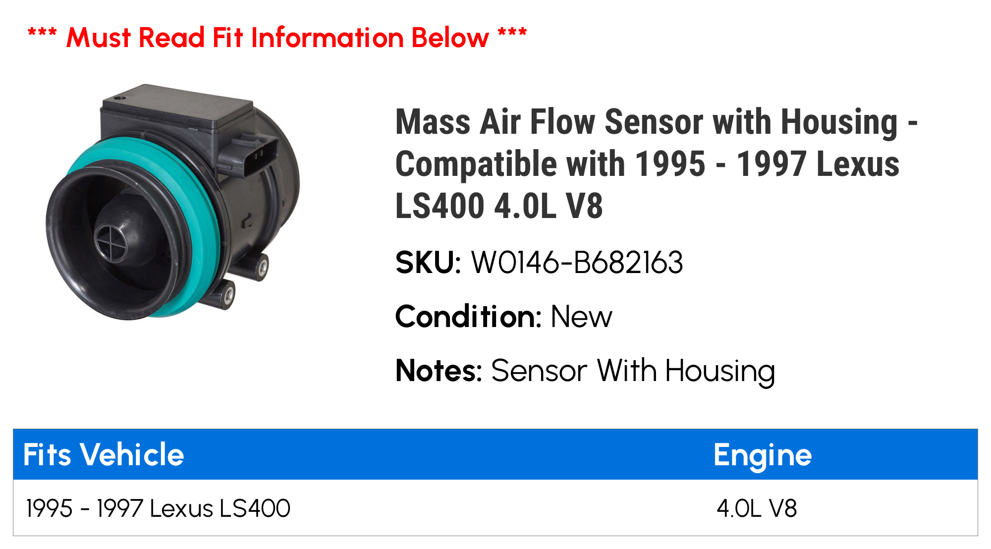 Mass Air Flow Sensor with Housing - Compatible with 1995 - 1997 LS400 4.0L V8 1996