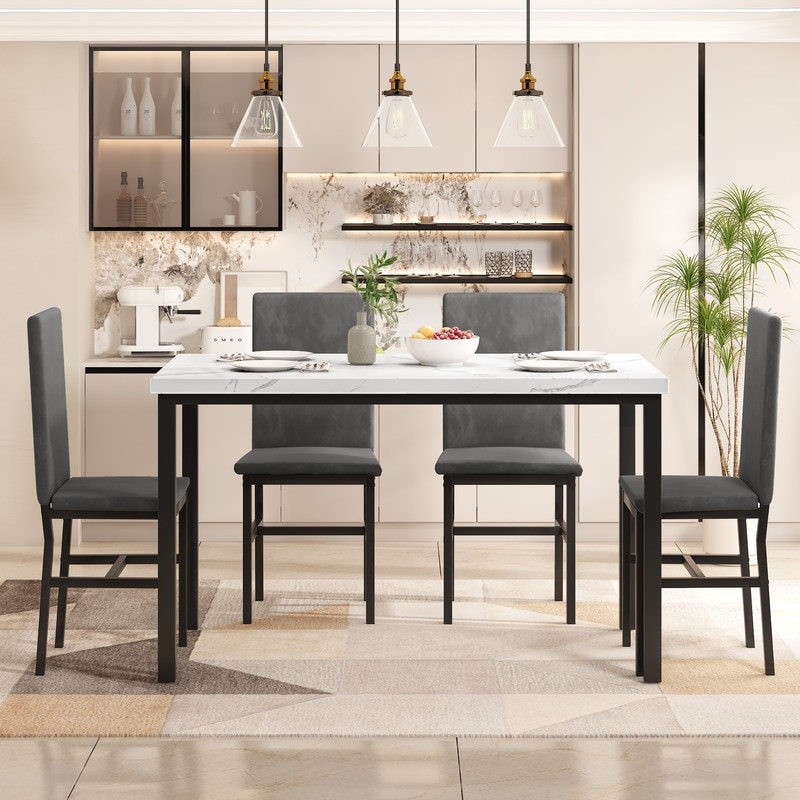 Grondin Modern Style Faux Marble Top 5 Piece Casual Dining Set with 4 Velvet Upholstered Dining Chairs