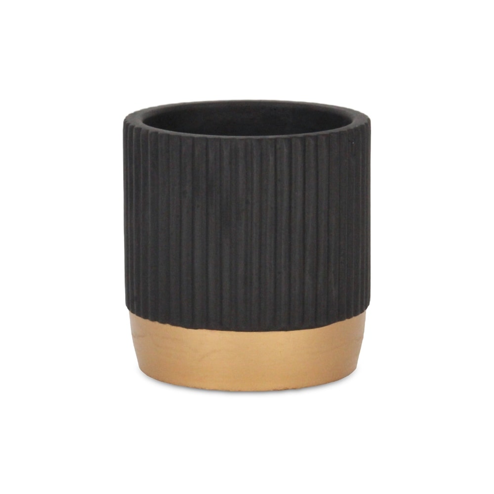 Aurone Round Ridged Ceramic Pot with Gold Finished Base   Black