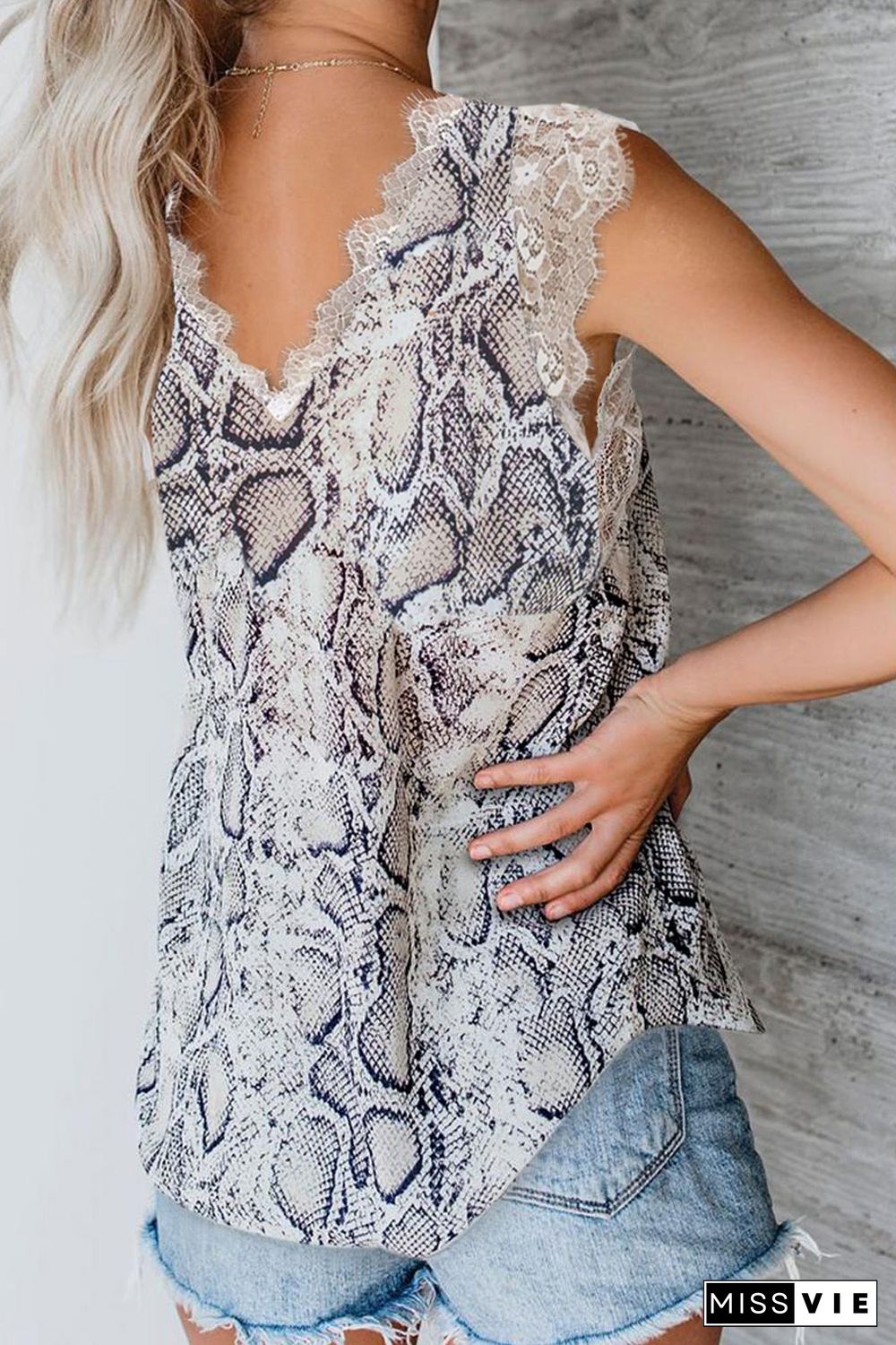 White Snakeskin Print Lace Contrast V Neck Tank Top