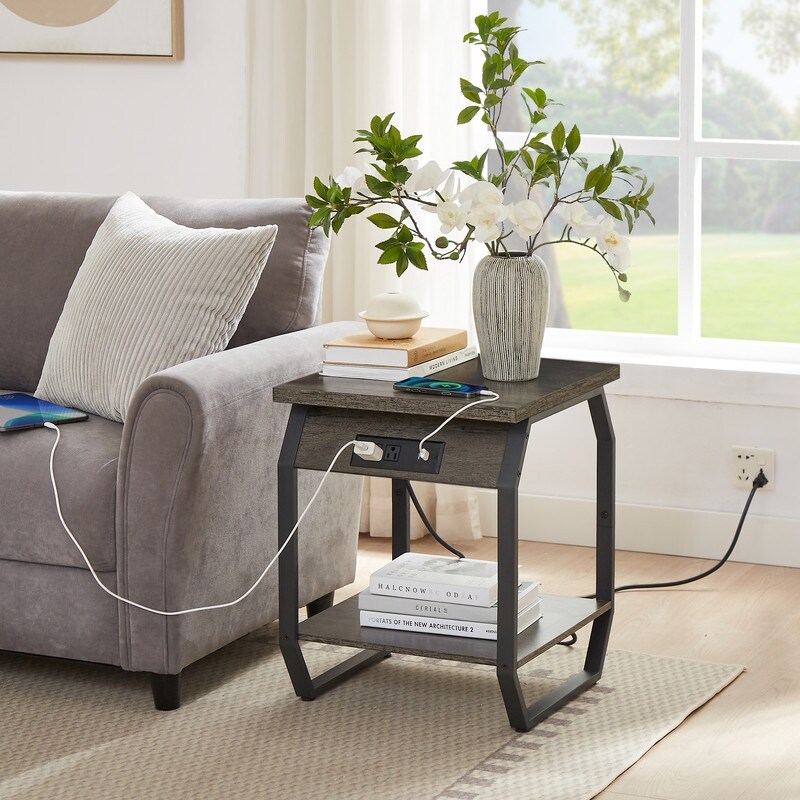 Side Table with Charging End Tables Set of 2 with USB Ports   Sockets