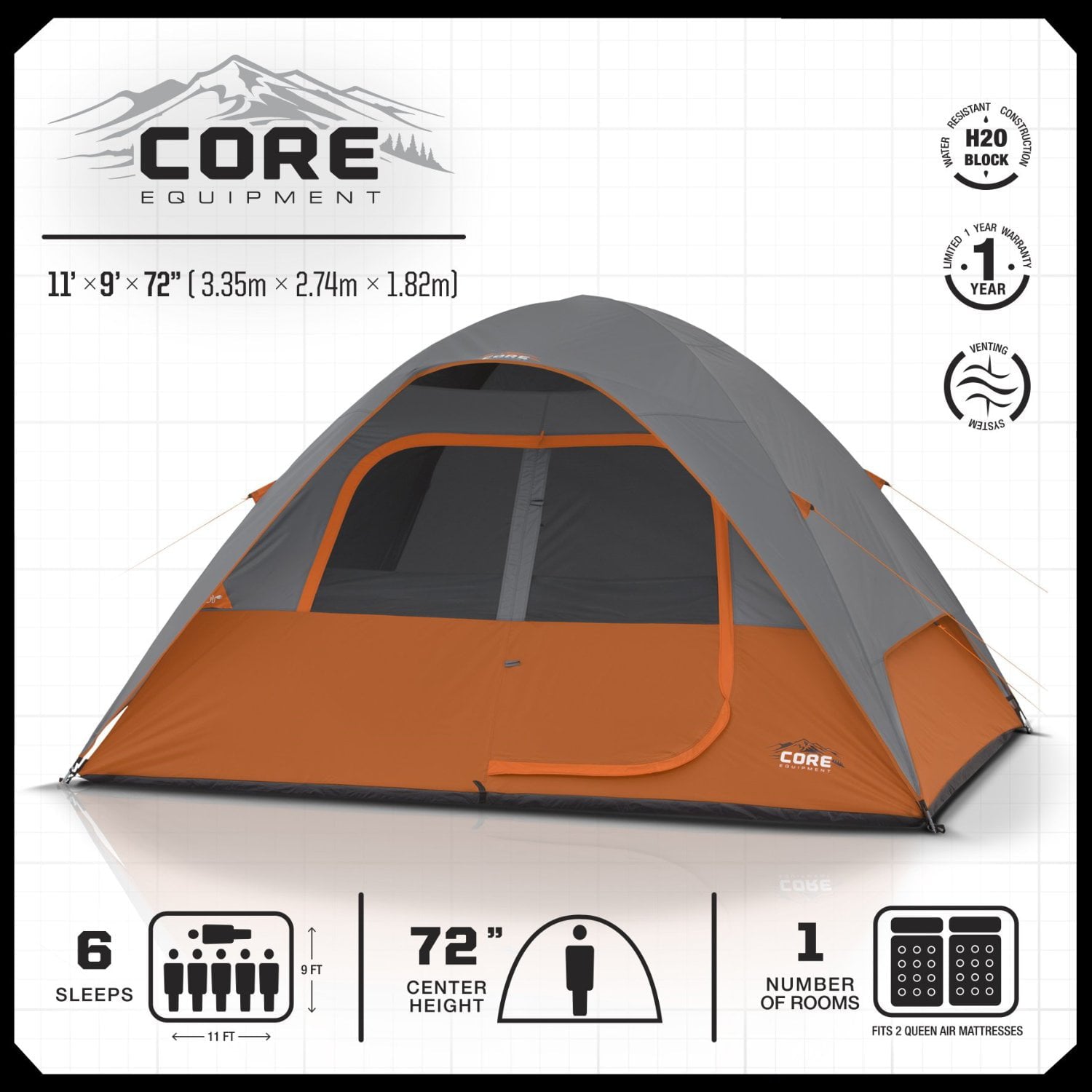 CORE Equipment 6 Person 11' x 9' Dome Camping Tent - Orange/Grey | 40003