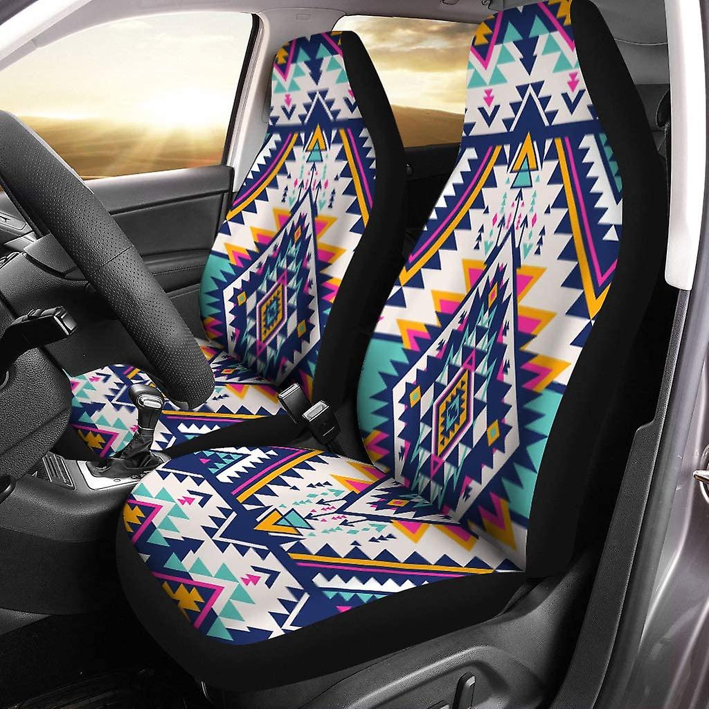 Set Of 2 Car Seat Covers Boho Neon Colors Tribal Aztec Abstract Geometric Hipster Universal Auto Front Seats Protector Fits