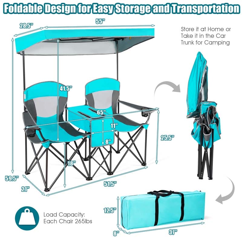 Double Sunshade Camping Canopy Chair with Mini Table, Cup Holder, Portable Folding Beach Chair with Canopy