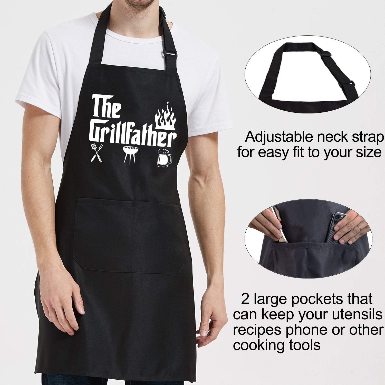 Funny Grilling Aprons for Men with Pockets， The Grillfather Kitchen Cooking BBQ Apron for Dad Man Husband， Grill Gifts for Birthday Christmas Thanksgiving