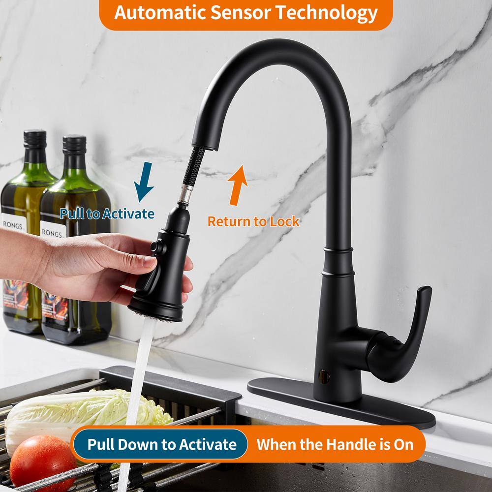 Zalerock Single Handle Pull Down Activation Pull Down Sprayer Kitchen Faucet with Deckplate Included and Touchless in Matte Black KC05T0133