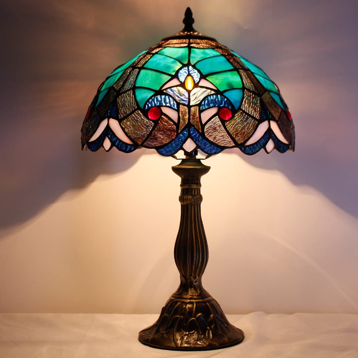 SHADY Tiffany Style Lamp Green Liaison Stained Glass Bedside Table Lamp Reading Desk Light 12X12X18 Inches Decor Nightstand Bedroom Living Room Home Office S160G Series