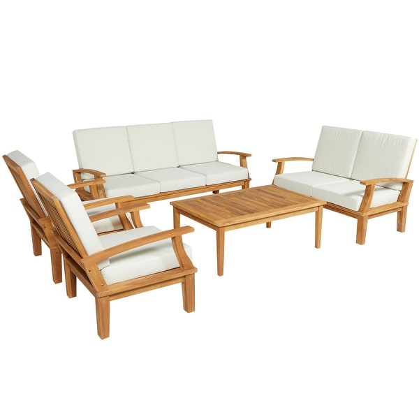 Teak Wood Traditional Outdoor Seating Set with OffWhite Cushions (Set of 5 Pieces)