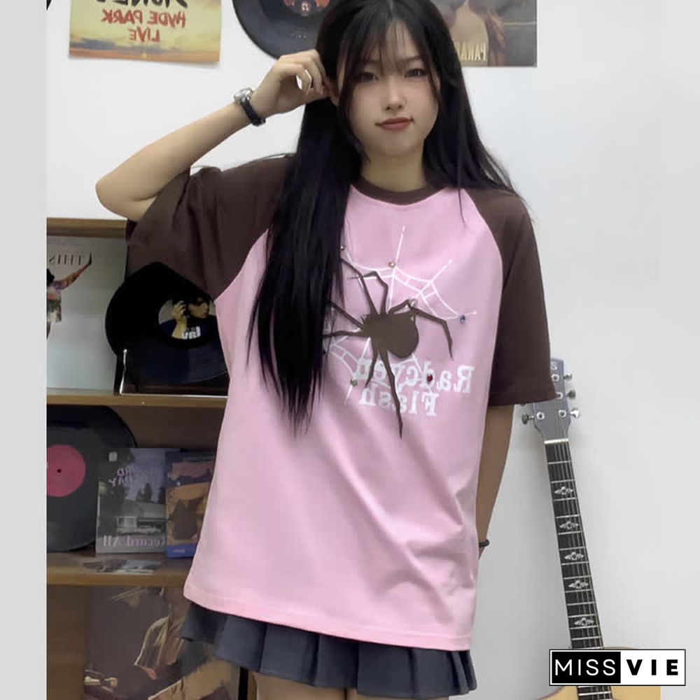 Letter Spider Print Round Collor Colorblock T-Shirt