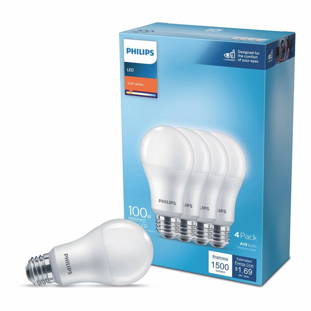 Philips 100-Watt Equivalent A19 Non-Dimmable E26 LED Light Bulb Soft White 2700K (4-Pack) 565408