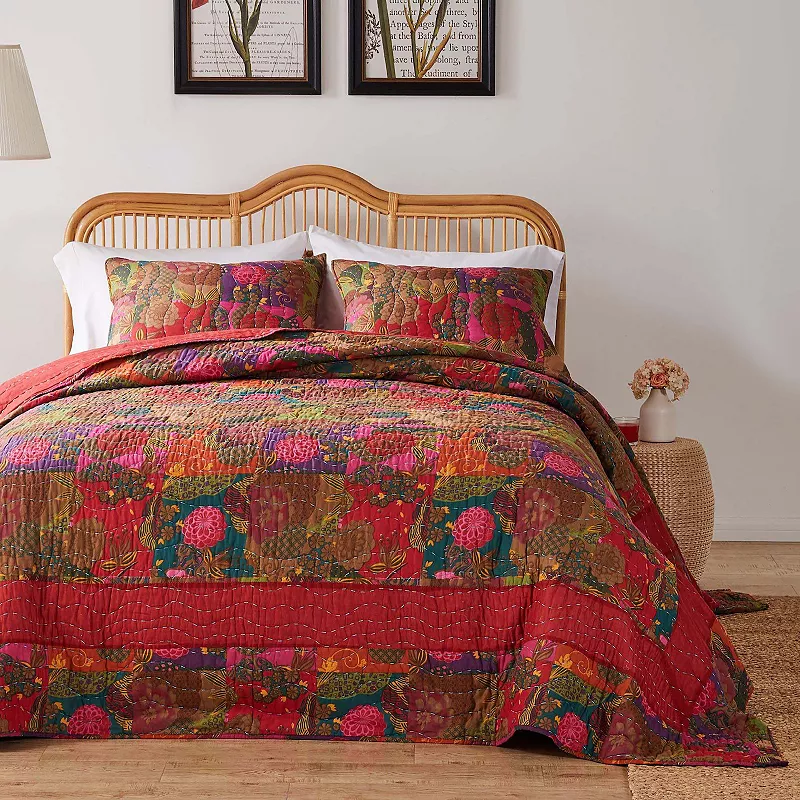 Jewel Cotton Kantha-Quilted Bedspread Set - Jumbo Sized Reversible Quilt Set