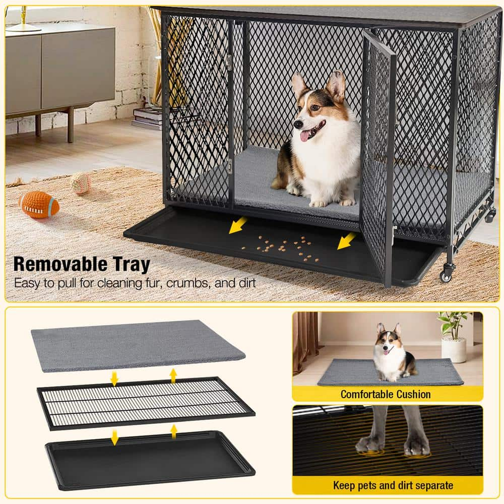 aivituvin Dog Crate Furniture, Side End Table with Tray, Cushion and Casters AIR79