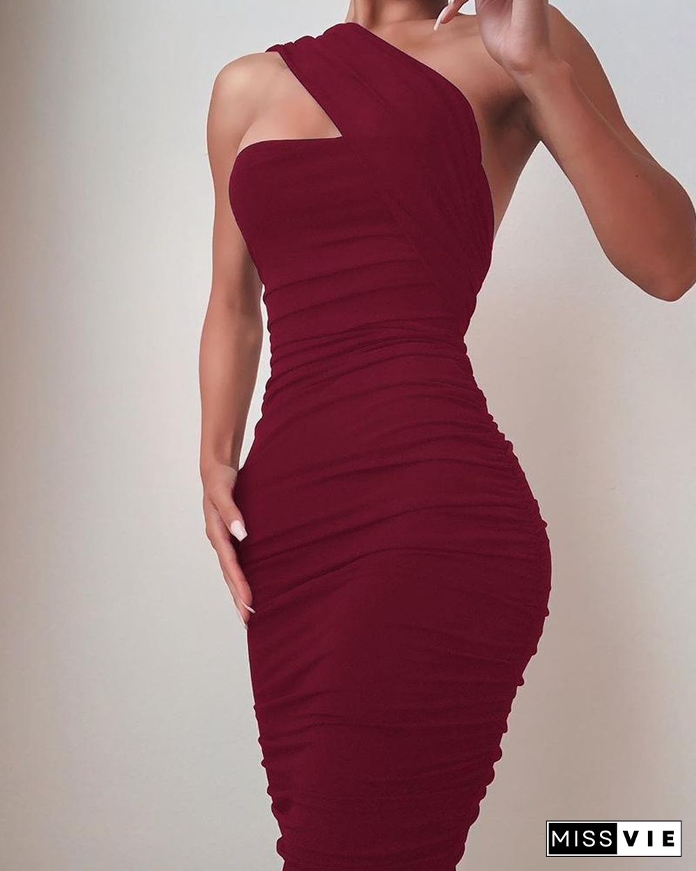 One Shoulder Sleeveless Ruched Bodycon Dress P13767