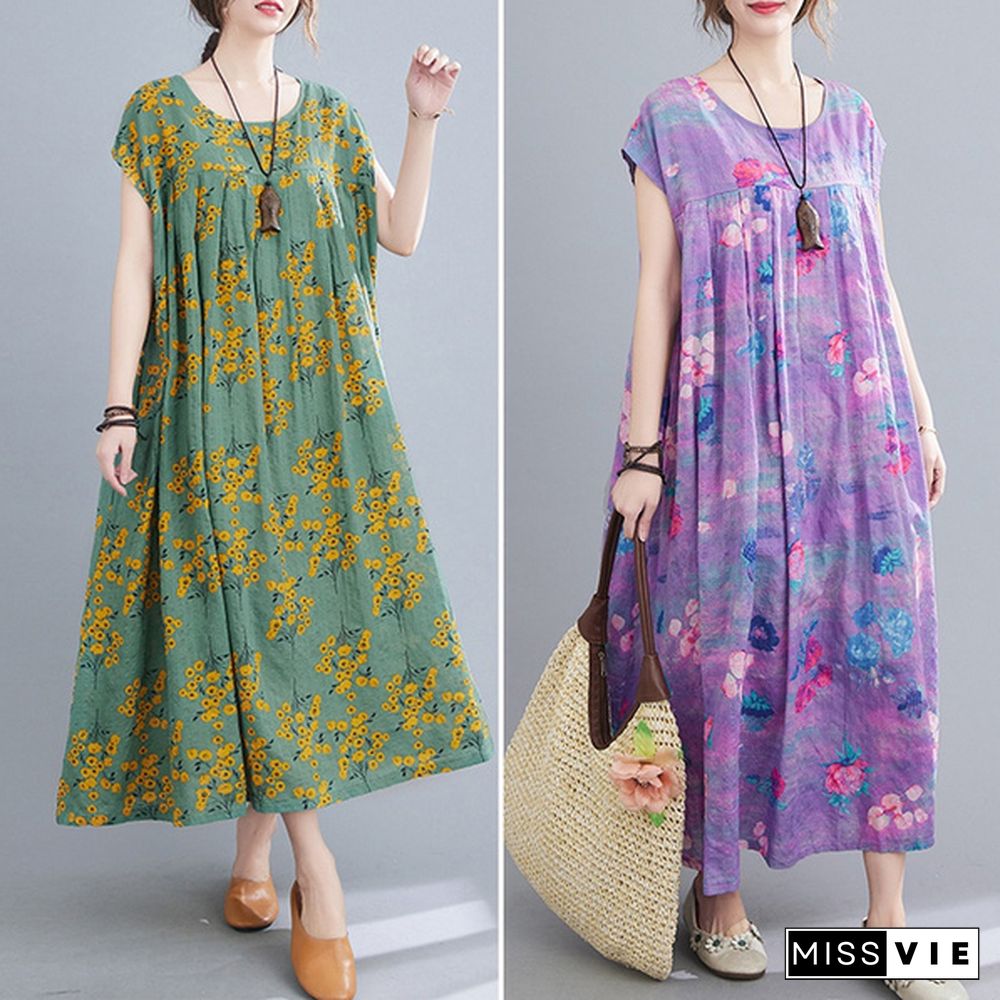 Oversized Retro Summer Short Sleeve Kaftan Casual Floral Printed Bohemian Long Maxi Shirt Dress Holiday