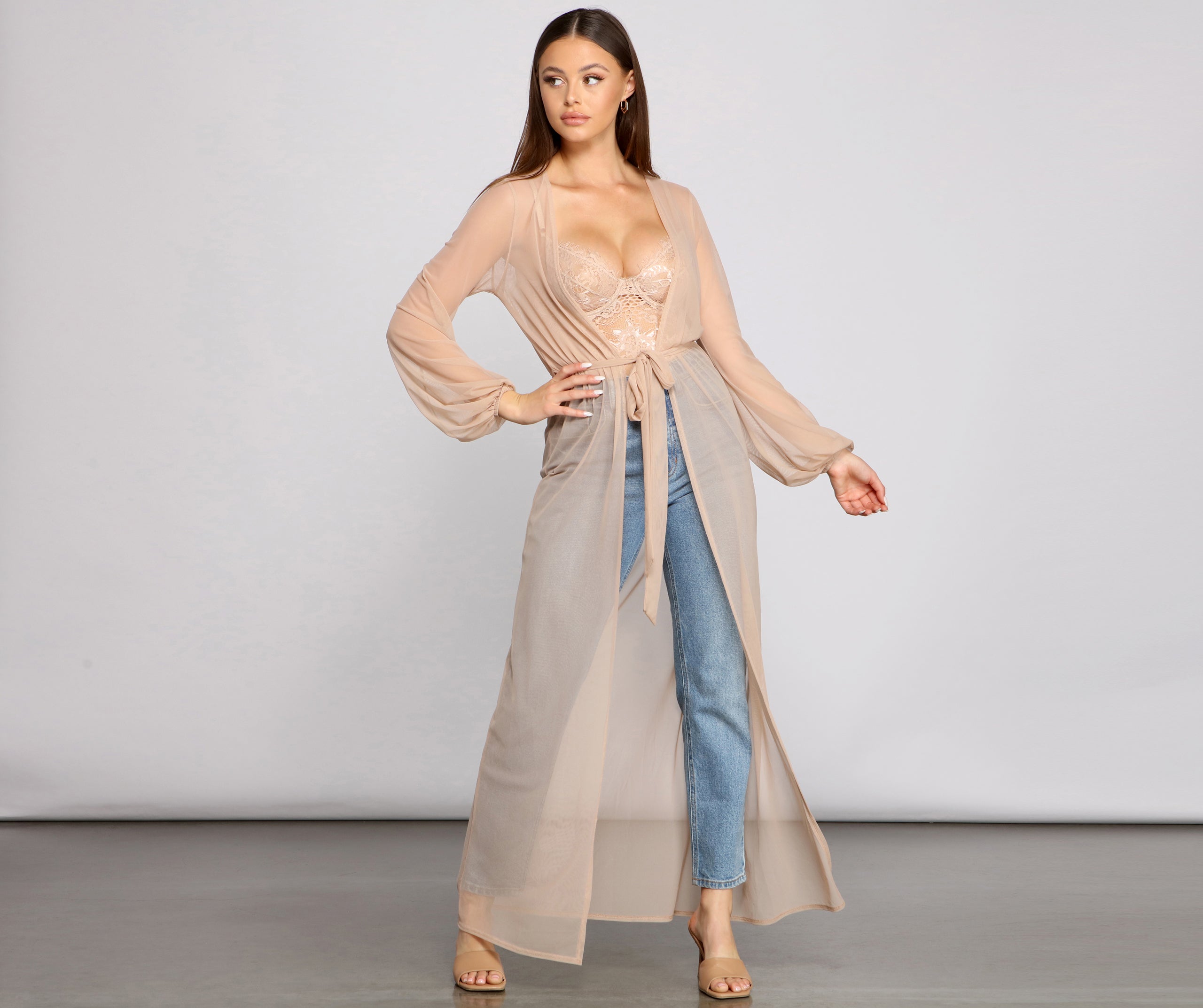 Mesh Tie Waist Long Duster