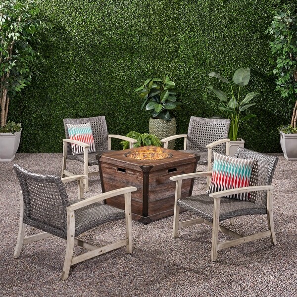 Hampton Outdoor Wood and Wicker Club Chair Set with Fire Pit by Christopher Knight Home