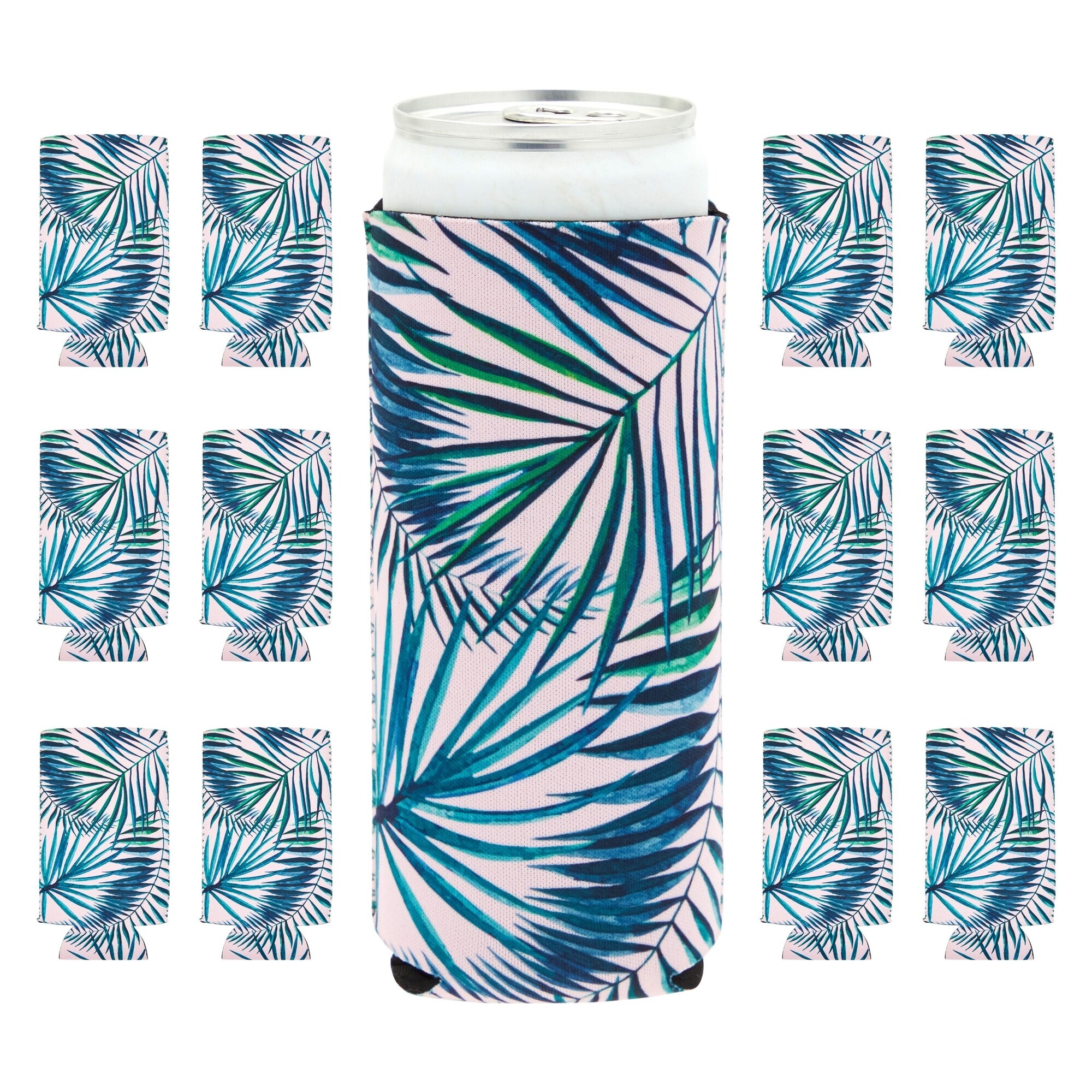 12 Pack Tropical Birthday Party Slim Can Cooler Sleeves， Dark Pink， Green， 12 oz