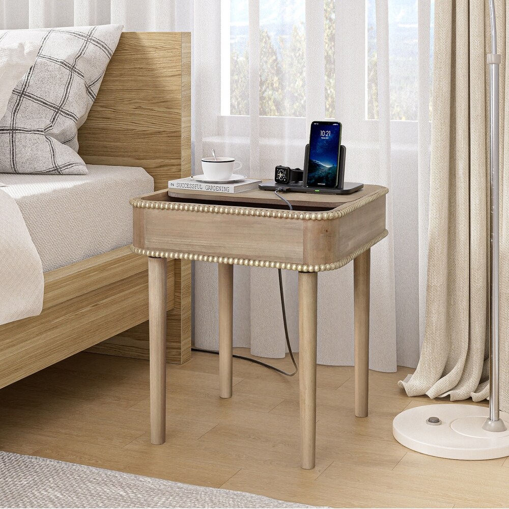 Solid Wood Side End tables for Living Room Distressed Nightstand with Cable Management Hole