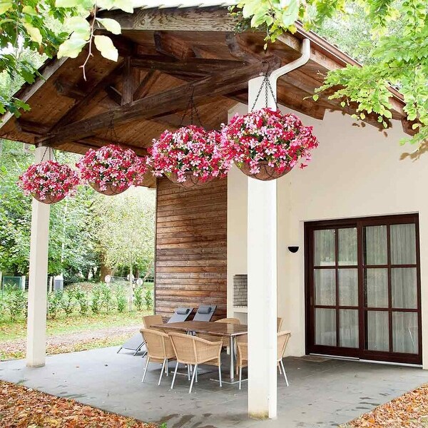 Artificial Silk Flowers Hanging Baskets Outdoors，Chrysanthemum with Eucalyptus Leaves in Metal Coconut Lining Flowerpot