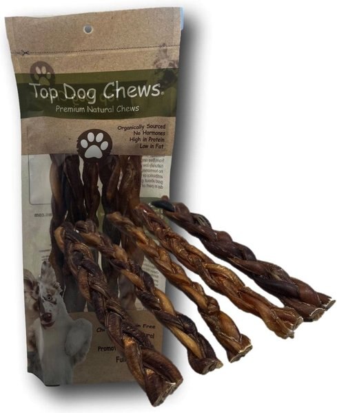 Top Dog Chews Braided Bully Sticks Dog Treats， 12-in， case of 5