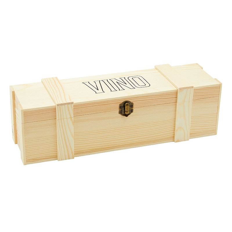 Wooden Wine Crate with Hinged Clasp for Single Bottle， Pinewood VINO Gift Box (13.8 x 4 x 3.9 In)