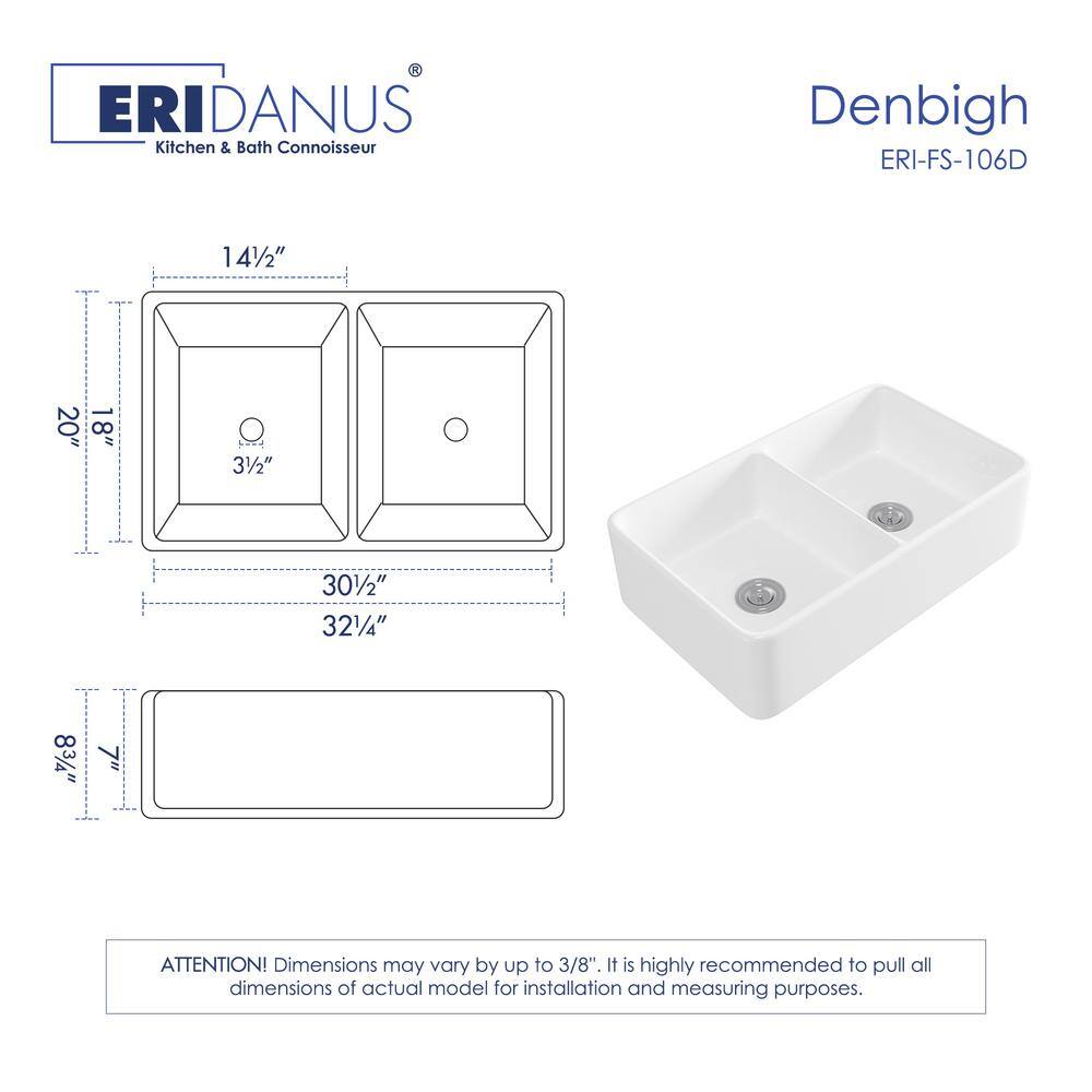 Eridanus Denbigh Crisp White Fireclay 33 in. Double Bowl Farmhouse Apron Kitchen Sink with Bottom Grid ERI-FS-106D