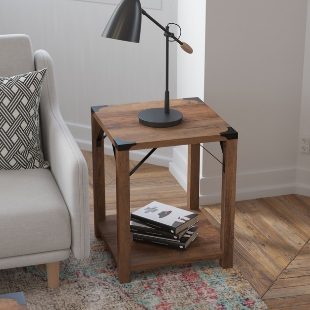 Flash Furniture Wyatt Modern Farmhouse Wooden 2 Tier End Table With Metal Corner Accents And Cross Bracing