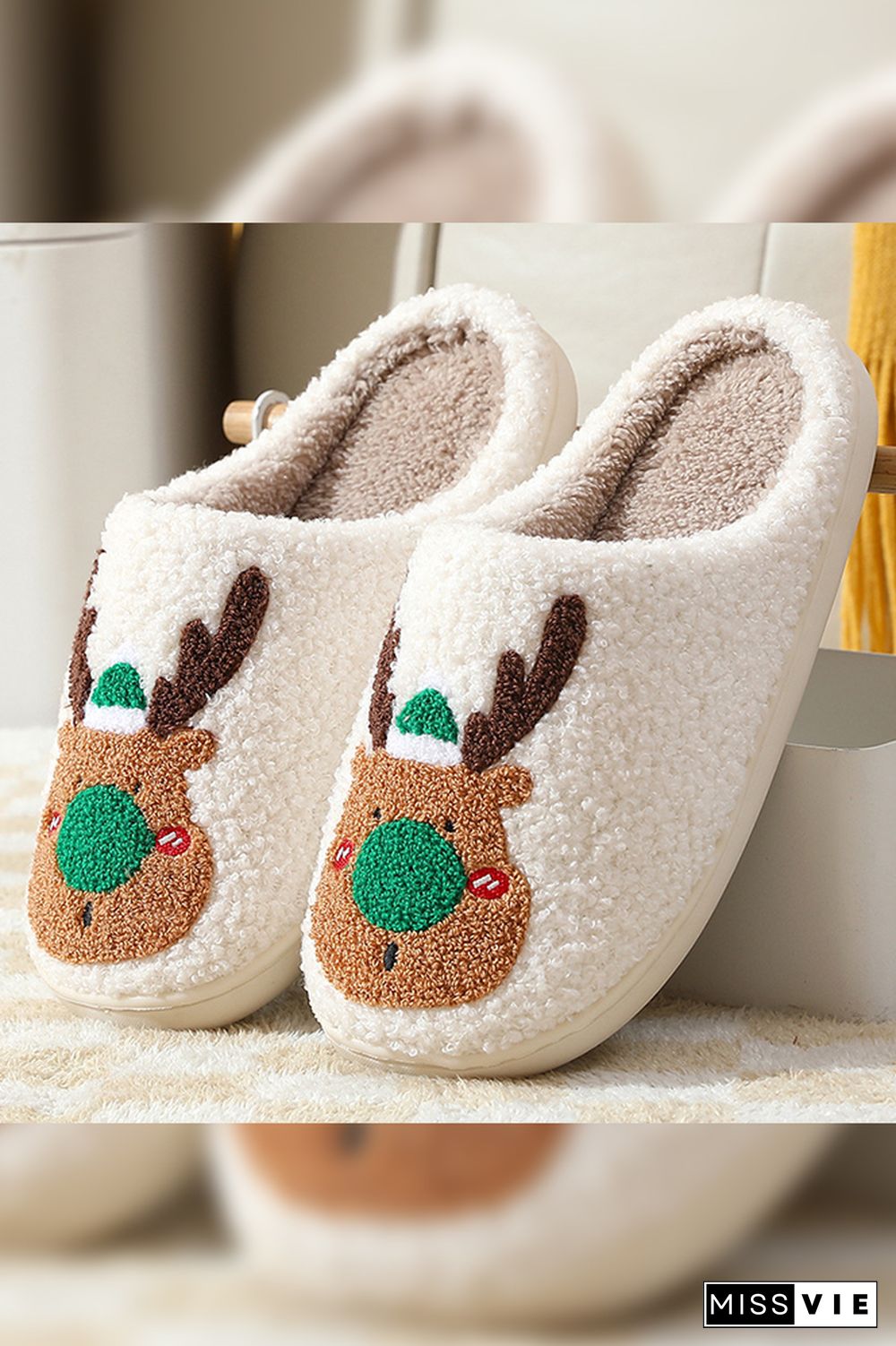 Christmas Cartoon Reindeer Fluffy Slippers