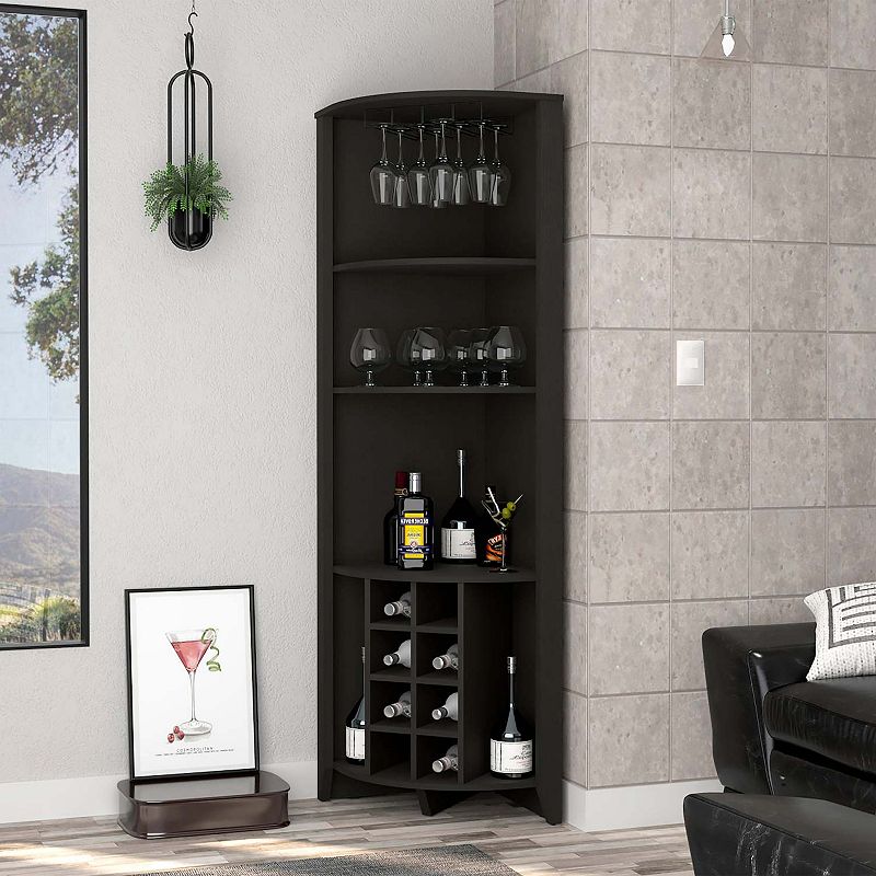 Bouvet Corner Bar Cabinet， Three Shelves， Eight Built-in Wine Rack， Two Side Shelves