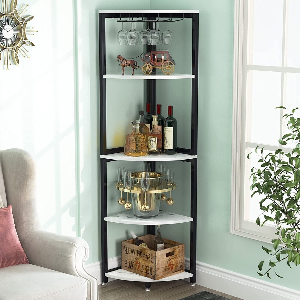 Corner Shelf  Corner Wine Rack with Glass Holder  5 Tier Corner Bookshelf Small Bookcase for Living Room